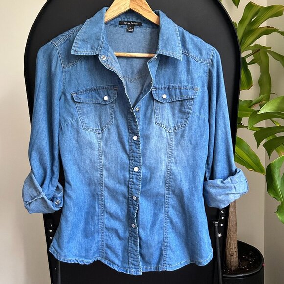 New Look Blue Chambray Shirt with White Buttons - Small - Picture 1 of 4